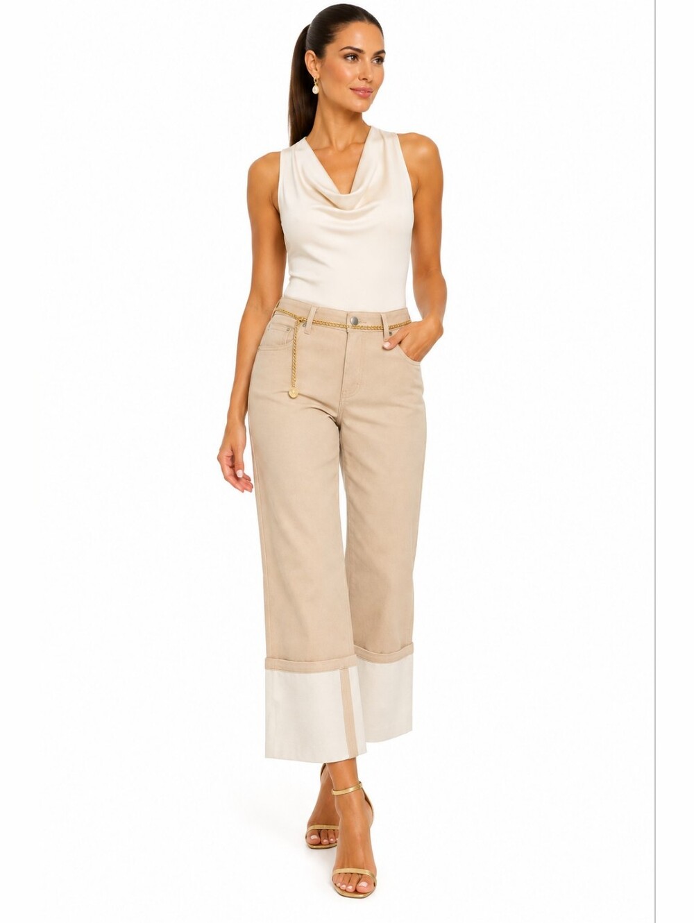 Akris Floyd Pants US 8 Beige Cotton Stretch Cropped Contrast Cuff NWT